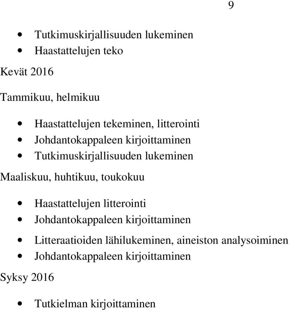 huhtikuu, toukokuu Haastattelujen litterointi Johdantokappaleen kirjoittaminen Litteraatioiden