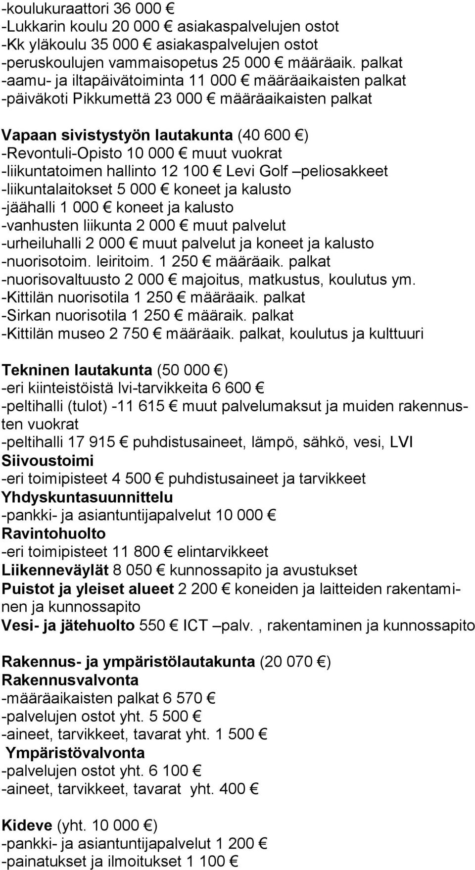 -liikuntatoimen hallinto 12 100 Levi Golf peliosakkeet -liikuntalaitokset 5 000 koneet ja kalusto -jäähalli 1 000 koneet ja kalusto -vanhusten liikunta 2 000 muut palvelut -urheiluhalli 2 000 muut