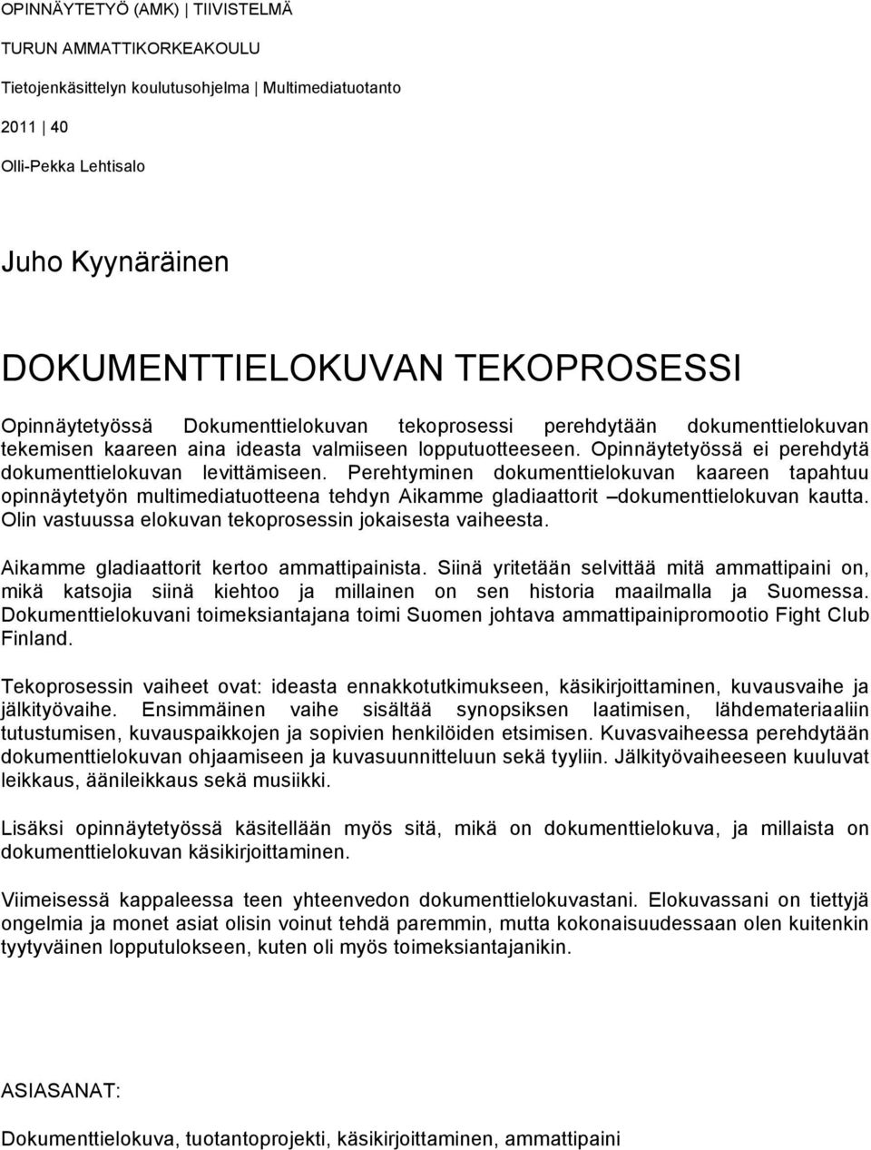 Opinnäytetyössä ei perehdytä dokumenttielokuvan levittämiseen.