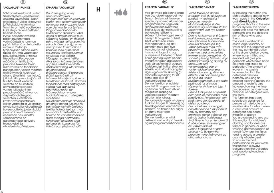 Pyykki pestään tavallista paljon suuremmassa vesimäärässä ja rummun pyörimisliikettä on tehostettu rummun täytön ja tyhjennyksen aikana, mikä takaa sen, että vaatteiden pesu ja huuhtelu onnistuu