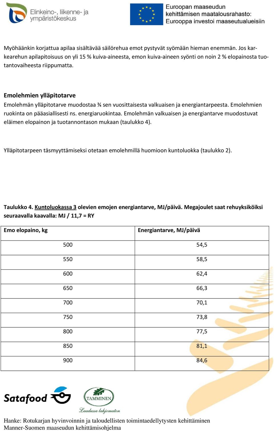 Emolehmien ylläpitotarve Emolehmän ylläpitotarve muodostaa ¾ sen vuosittaisesta valkuaisen ja energiantarpeesta. Emolehmien ruokinta on pääasiallisesti ns. energiaruokintaa.