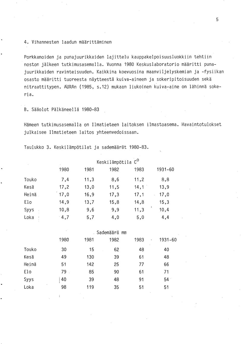 Kaikkina koevuosina maanviljelyskemian ja -fysiikan osasto määritti tuoreesta näytteestä kuiva-aineen ja sokeripitoisuuden sekä nitraattitypen. AURAn (1985, s.