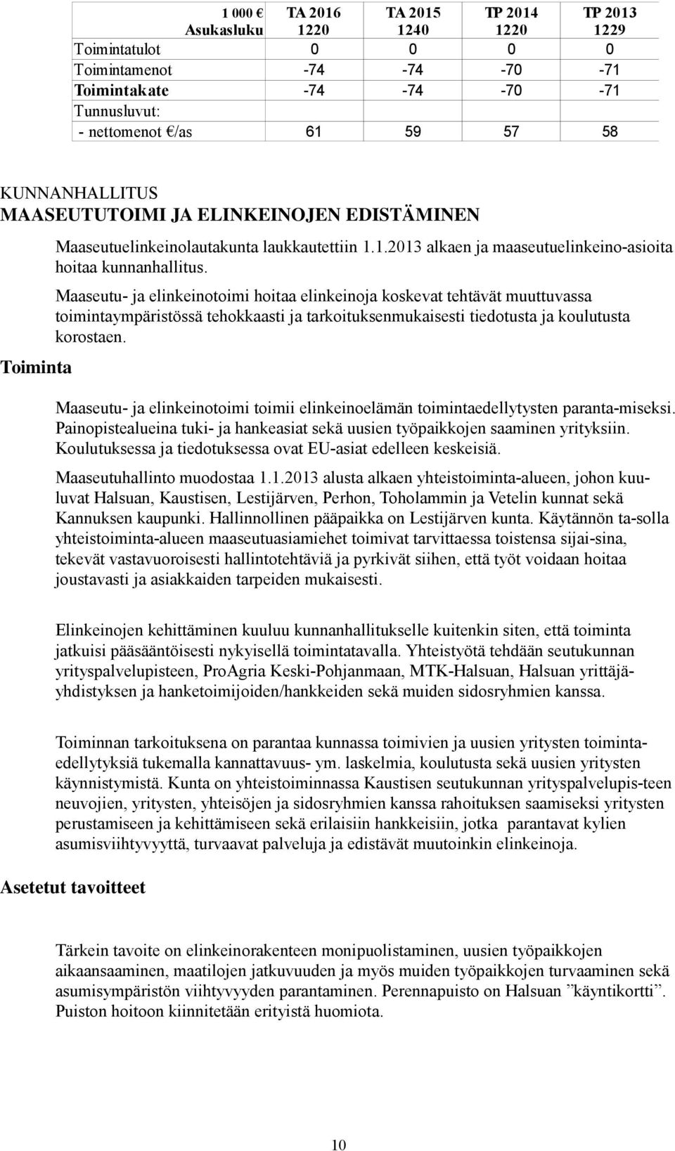 Maaseutu- ja elinkeinotoimi hoitaa elinkeinoja koskevat tehtävät muuttuvassa toimintaympäristössä tehokkaasti ja tarkoituksenmukaisesti tiedotusta ja koulutusta korostaen.