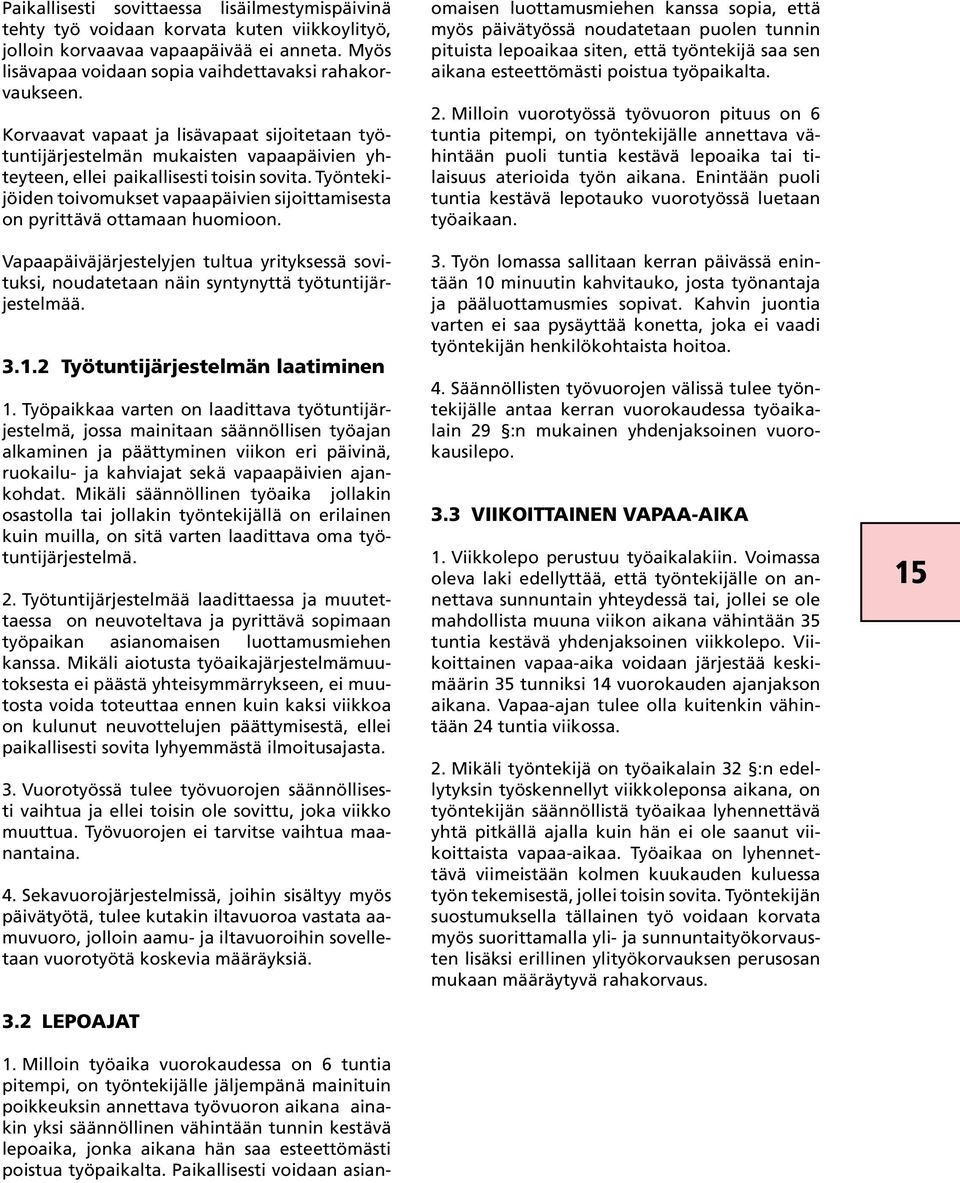 Työntekijöiden toivomukset vapaapäivien sijoittamisesta on pyrittävä ottamaan huomioon. Vapaapäiväjärjestelyjen tultua yrityksessä sovituksi, noudatetaan näin syntynyttä työtuntijärjestelmää. 3.1.