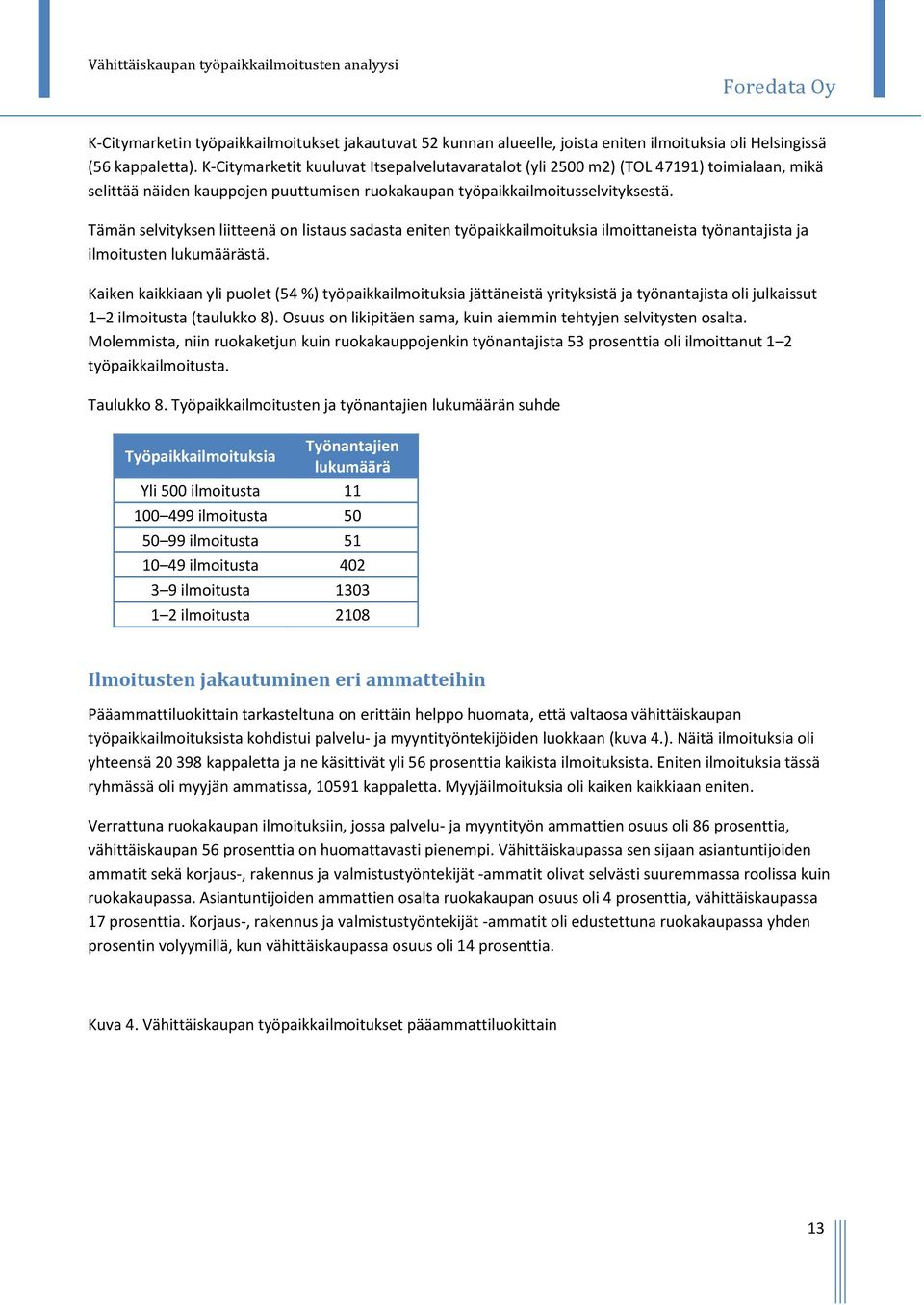 Tämän selvityksen liitteenä on listaus sadasta eniten työpaikkailmoituksia ilmoittaneista työnantajista ja ilmoitusten lukumäärästä.