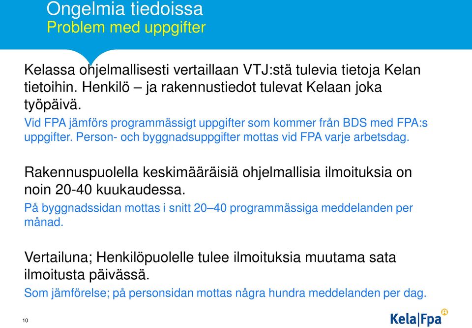 Person- och byggnadsuppgifter mottas vid FPA varje arbetsdag. Rakennuspuolella keskimääräisiä ohjelmallisia ilmoituksia on noin 20-40 kuukaudessa.