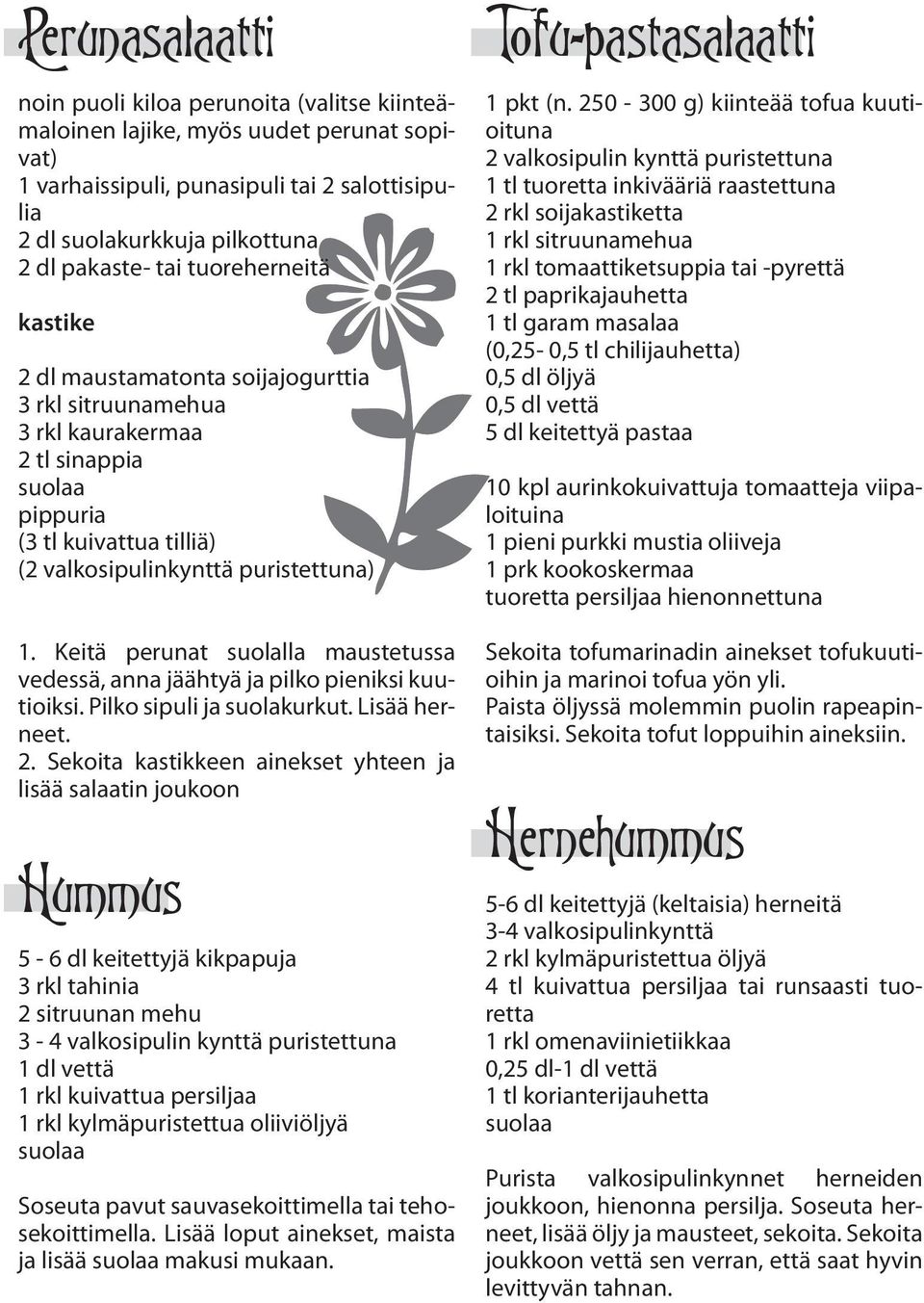 Keitä perunat suolalla maustetussa vedessä, anna jäähtyä ja pilko pieniksi kuutioiksi. Pilko sipuli ja suolakurkut. Lisää herneet. 2.