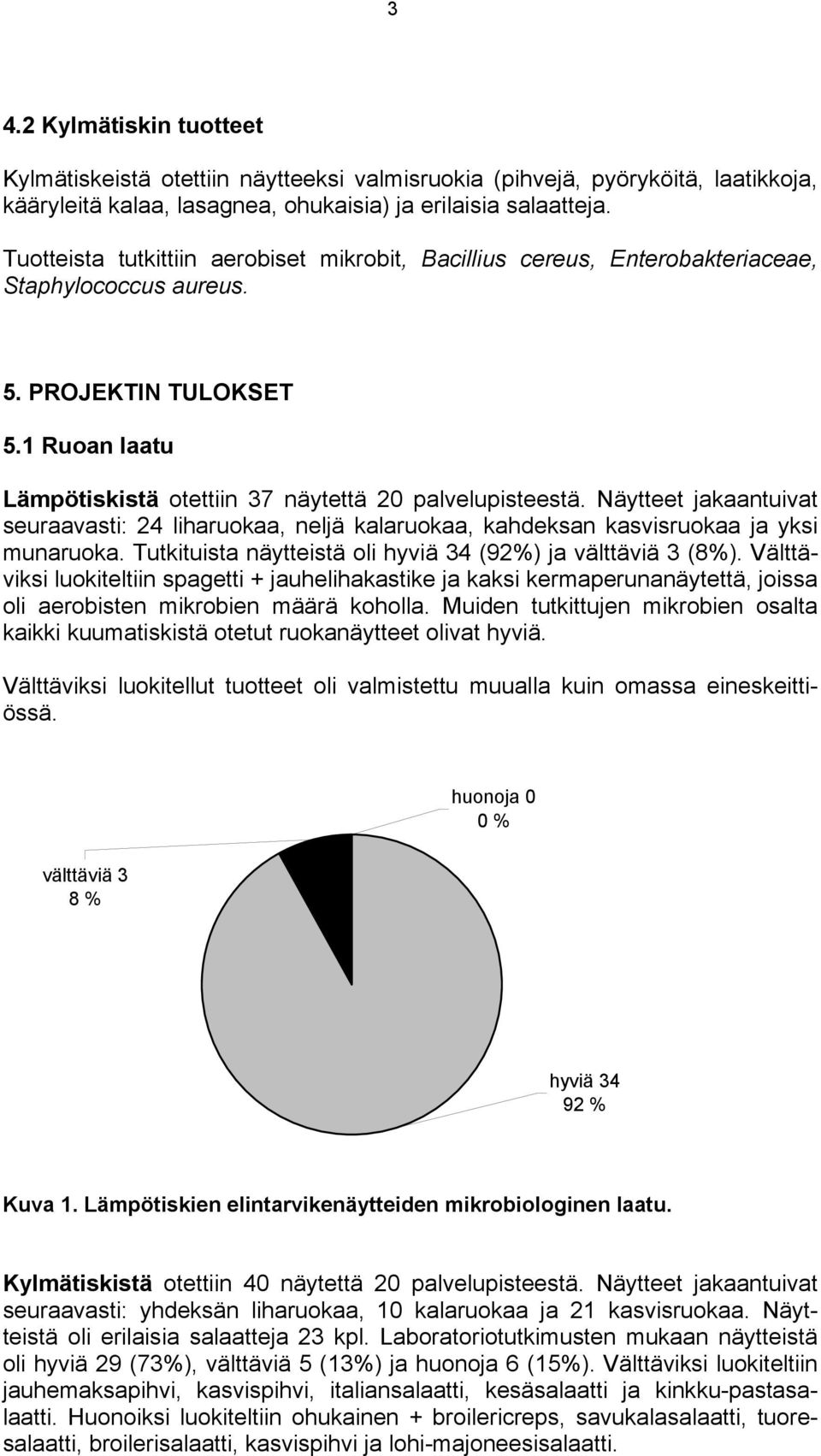 Näytteet jakaantuivat seuraavasti: 24 liharuokaa, neljä kalaruokaa, kahdeksan kasvisruokaa ja yksi munaruoka. Tutkituista näytteistä oli hyviä 34 (92%) ja välttäviä 3 (8%).