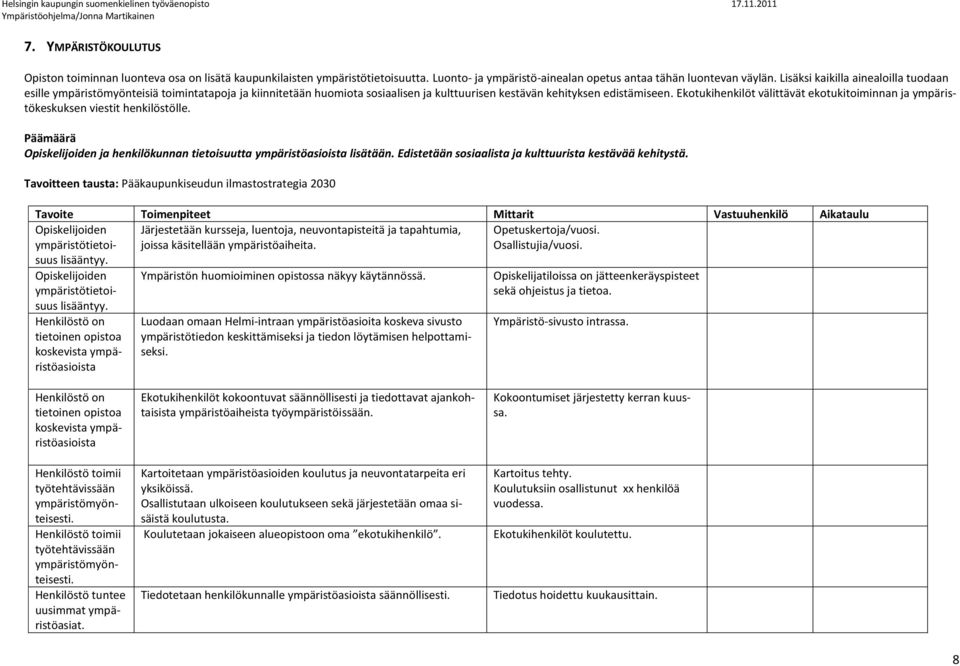 Ekotukihenkilöt välittävät ekotukitoiminnan ja ympäristökeskuksen viestit henkilöstölle. Päämäärä Opiskelijoiden ja henkilökunnan tietoisuutta ympäristöasioista lisätään.