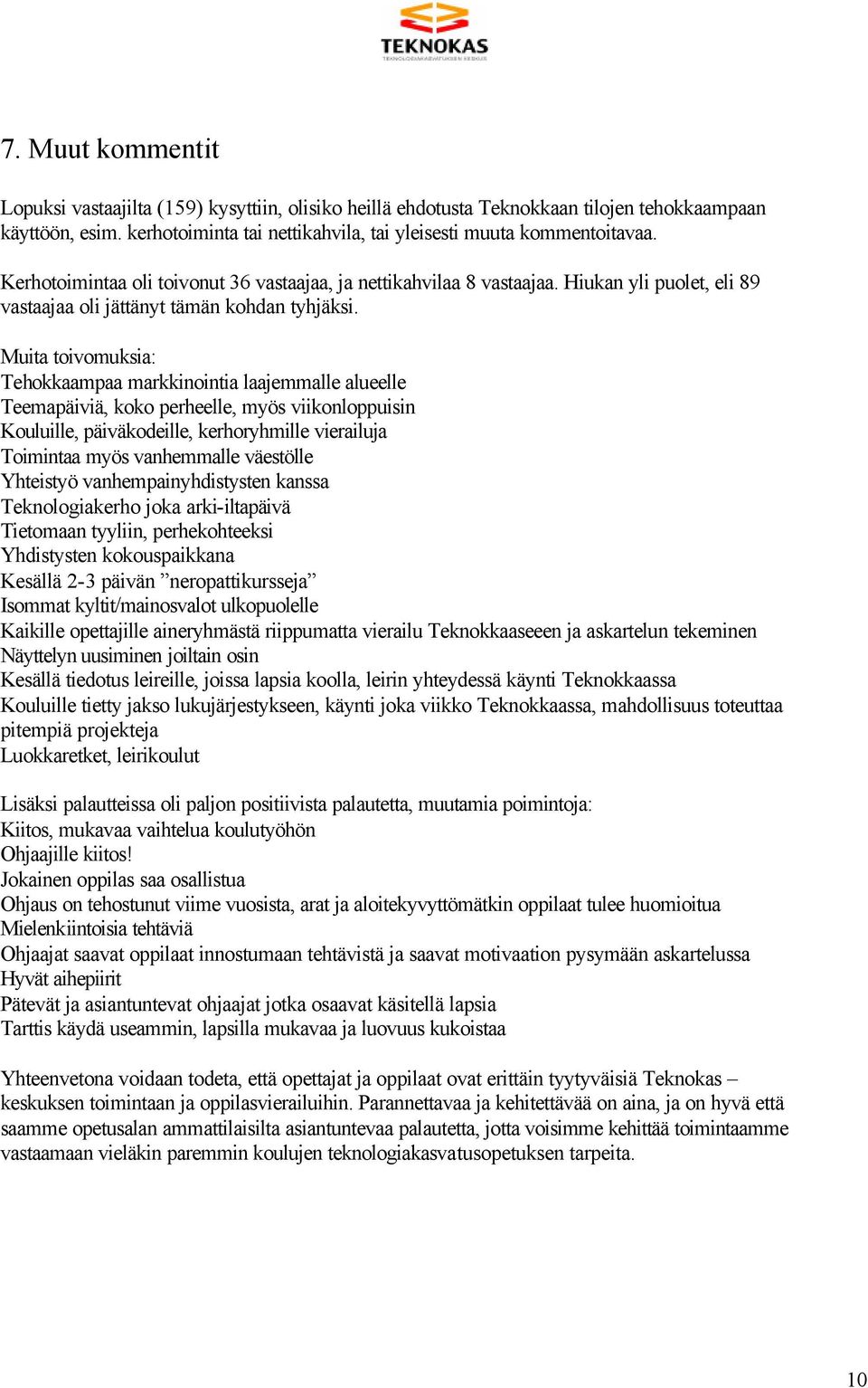 Muita toivomuksia: Tehokkaampaa markkinointia laajemmalle alueelle Teemapäiviä, koko perheelle, myös viikonloppuisin Kouluille, päiväkodeille, kerhoryhmille vierailuja Toimintaa myös vanhemmalle