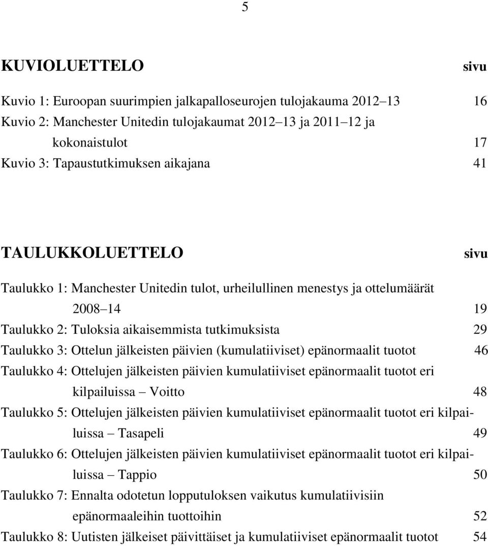 jälkeisten päivien (kumulatiiviset) epänormaalit tuotot 46 Taulukko 4: Ottelujen jälkeisten päivien kumulatiiviset epänormaalit tuotot eri kilpailuissa Voitto 48 Taulukko 5: Ottelujen jälkeisten