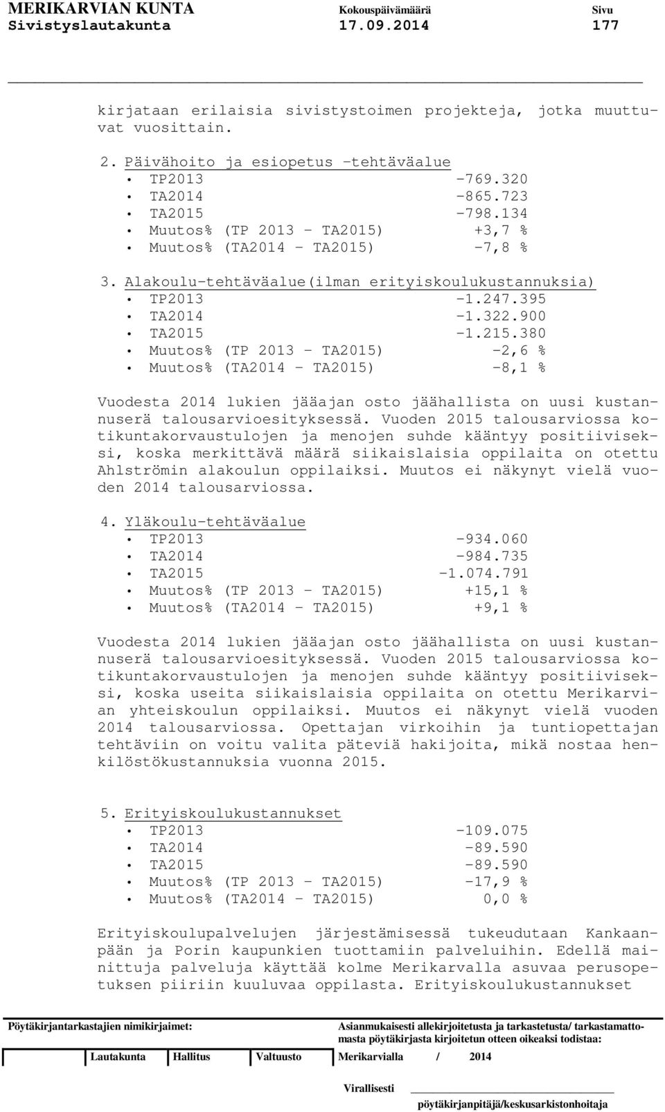 380 Muutos% (TP 2013 TA2015) -2,6 % Muutos% (TA2014 TA2015) -8,1 % Vuodesta 2014 lukien jääajan osto jäähallista on uusi kustannuserä talousarvioesityksessä.