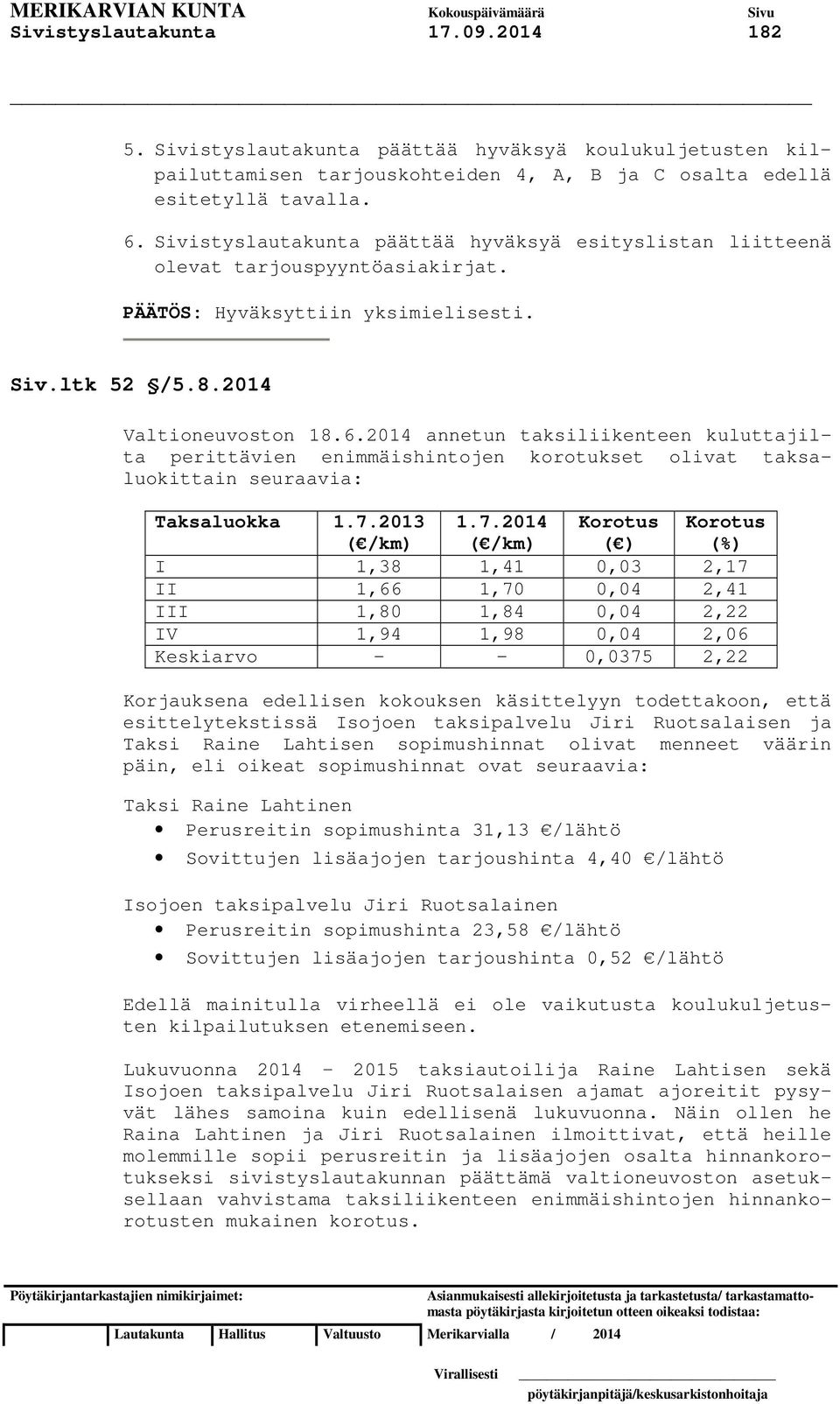 2014 annetun taksiliikenteen kuluttajilta perittävien enimmäishintojen korotukset olivat taksaluokittain seuraavia: Taksaluokka 1.7.