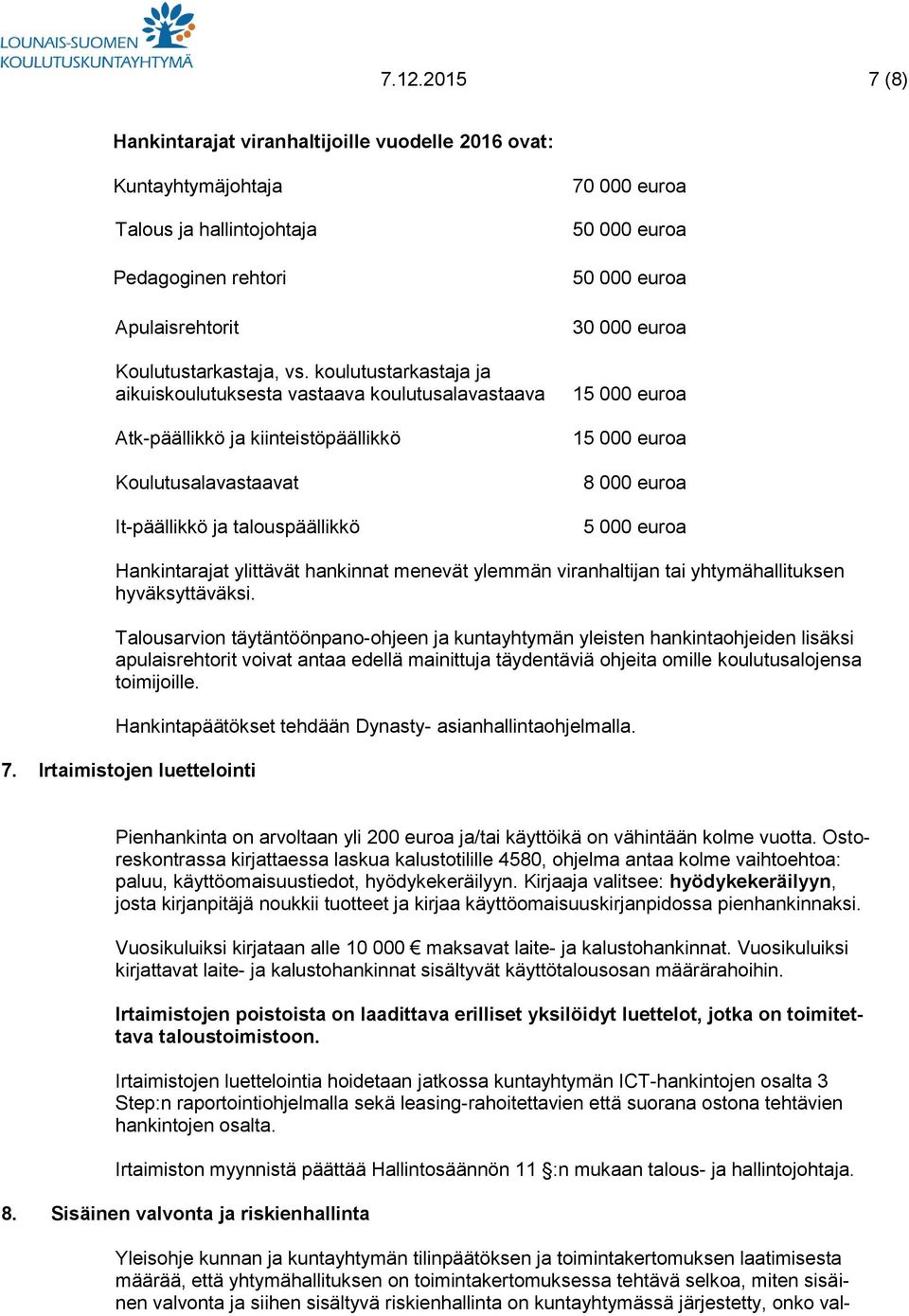 30 000 euroa 15 000 euroa 15 000 euroa 8 000 euroa 5 000 euroa Hankintarajat ylittävät hankinnat menevät ylemmän viranhaltijan tai yhtymähallituksen hyväksyttäväksi.