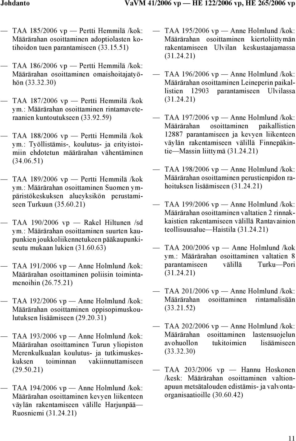 59) TAA 188/2006 vp Pertti Hemmilä /kok ym.: Työllistämis-, koulutus- ja erityistoimiin ehdotetun määrärahan vähentäminen (34.06.51) TAA 189/2006 vp Pertti Hemmilä /kok ym.