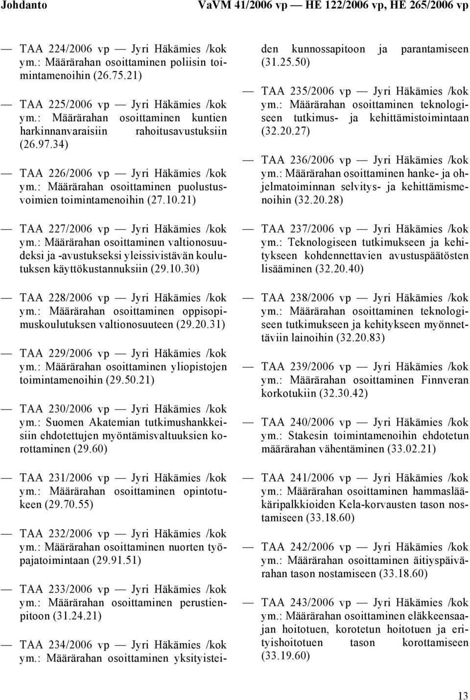 21) TAA 227/2006 vp Jyri Häkämies /kok ym.: Määrärahan osoittaminen valtionosuudeksi ja -avustukseksi yleissivistävän koulutuksen käyttökustannuksiin (29.10.30) TAA 228/2006 vp Jyri Häkämies /kok ym.