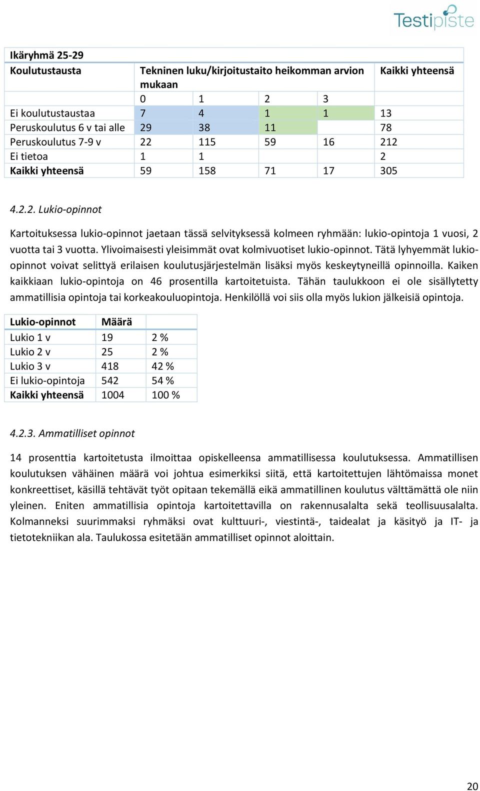Ylivoimaisesti yleisimmät ovat kolmivuotiset lukio-opinnot. Tätä lyhyemmät lukioopinnot voivat selittyä erilaisen koulutusjärjestelmän lisäksi myös keskeytyneillä opinnoilla.
