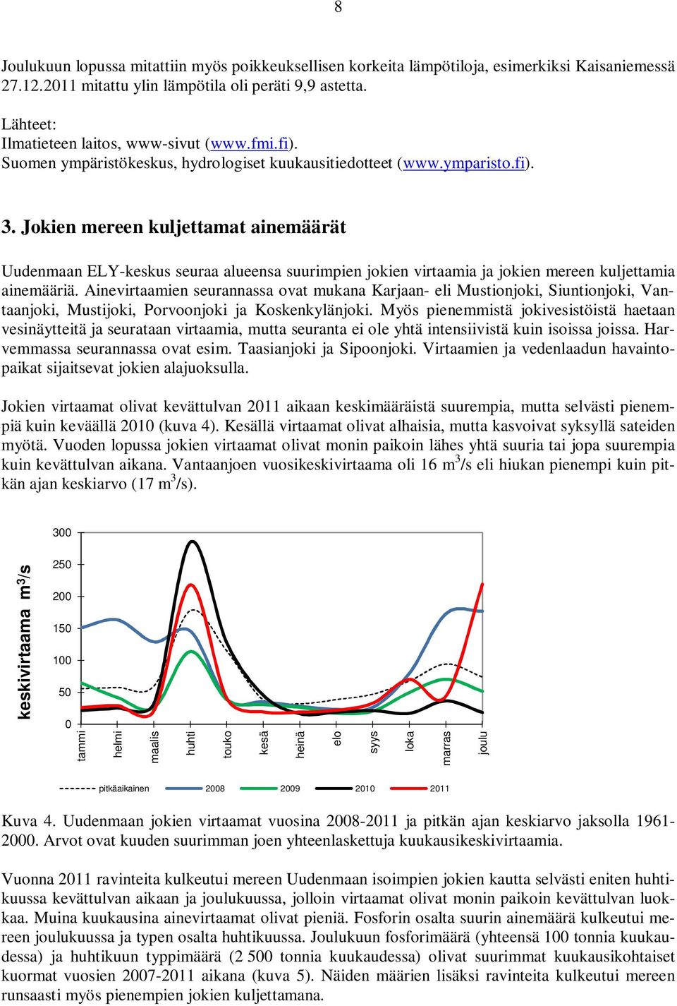 Jokien mereen kuljettamat ainemäärät Uudenmaan ELY-keskus seuraa alueensa suurimpien jokien virtaamia ja jokien mereen kuljettamia ainemääriä.