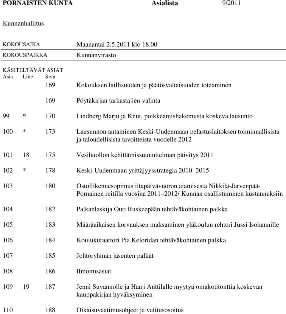 poikkeamishakemusta koskeva lausunto 100 * 173 Lausunnon antaminen Keski-Uudenmaan pelastuslaitoksen toiminnallisista ja taloudellisista tavoitteista vuodelle 2012 101 18 175 Vesihuollon