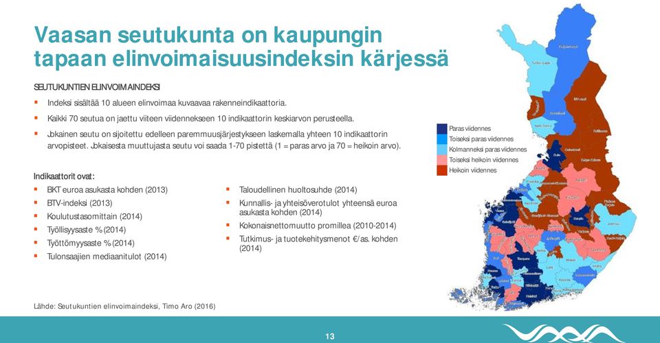 Jokaisesta muuttujasta seutu voi saada 1-70 pistettä (1 = paras arvo ja 70 = heikoin arvo).