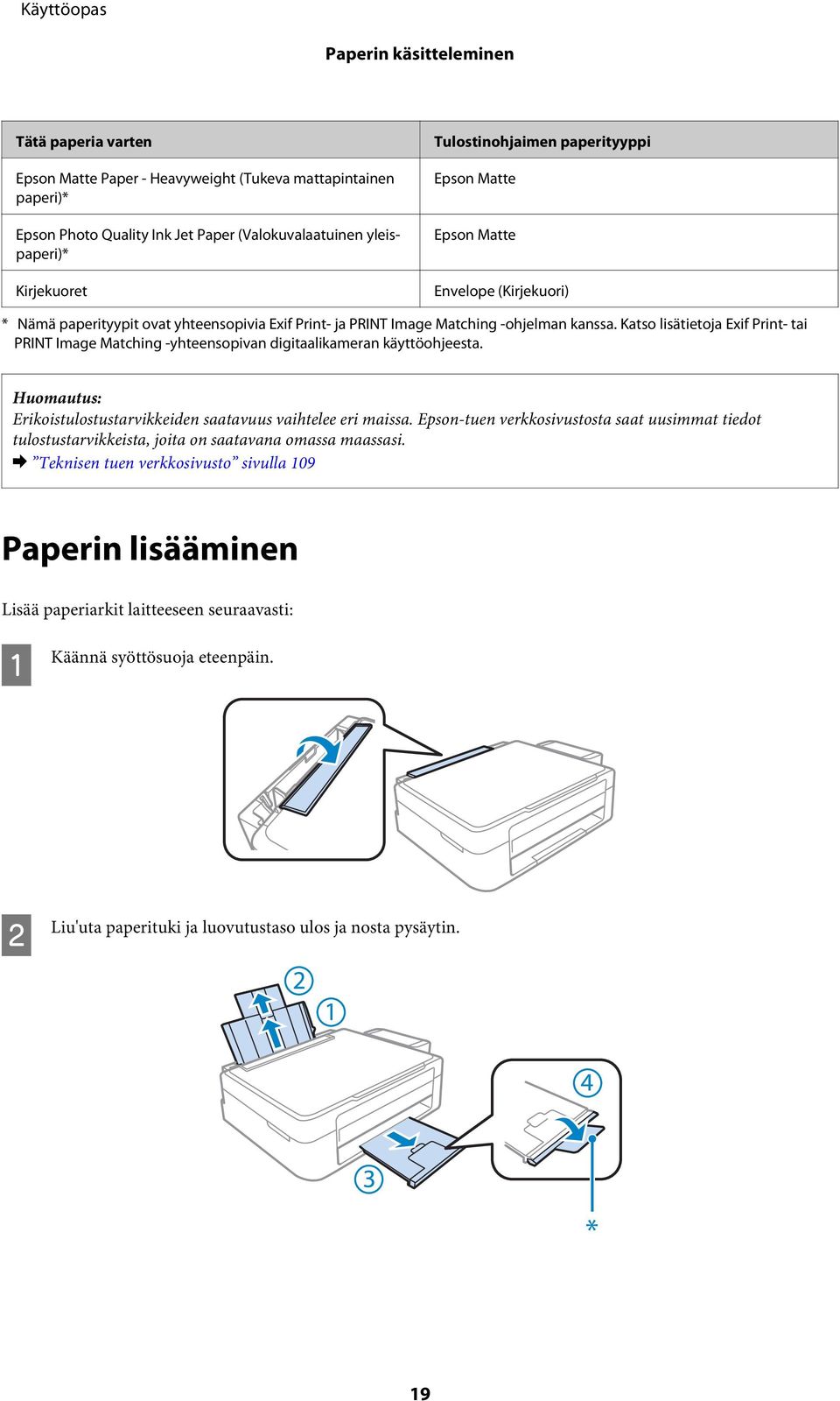 Katso lisätietoja Exif Print- tai PRINT Image Matching -yhteensopivan digitaalikameran käyttöohjeesta. Erikoistulostustarvikkeiden saatavuus vaihtelee eri maissa.