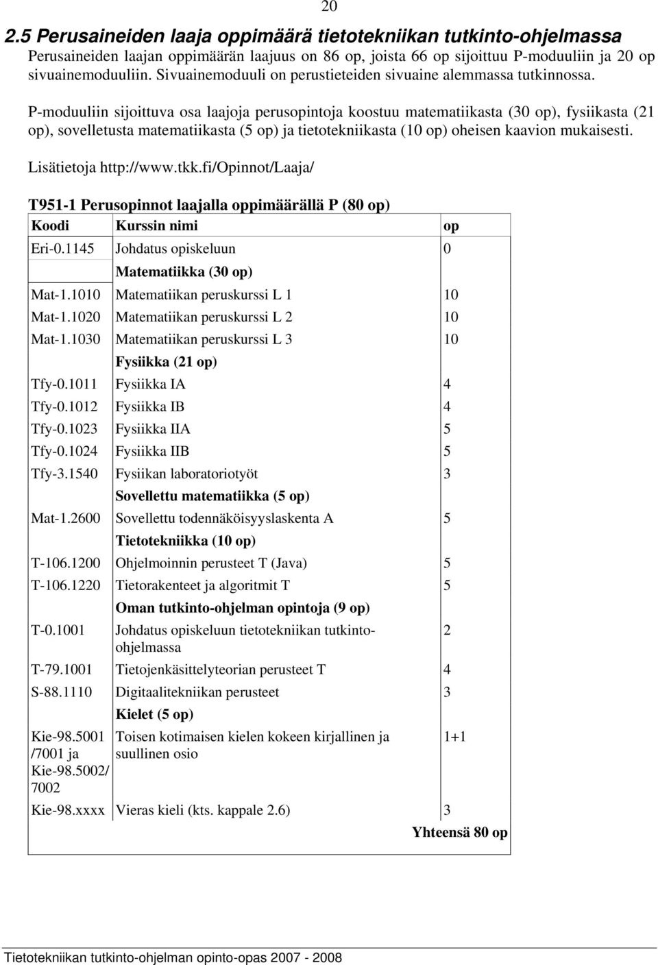 P-moduuliin sijoittuva osa laajoja perusopintoja koostuu matematiikasta (30 op), fysiikasta (21 op), sovelletusta matematiikasta (5 op) ja tietotekniikasta (10 op) oheisen kaavion mukaisesti.