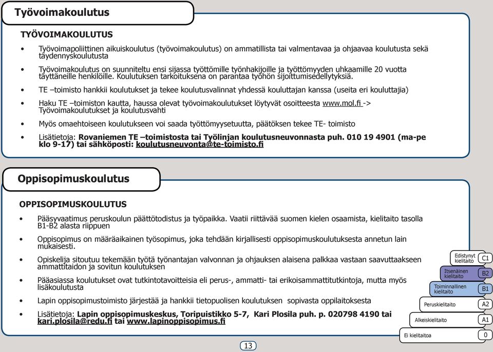 TE toimisto hankkii koulutukset ja tekee koulutusvalinnat yhdessä kouluttajan kanssa (useita eri kouluttajia) Haku TE toimiston kautta, haussa olevat työvoimakoulutukset löytyvät osoitteesta www.mol.