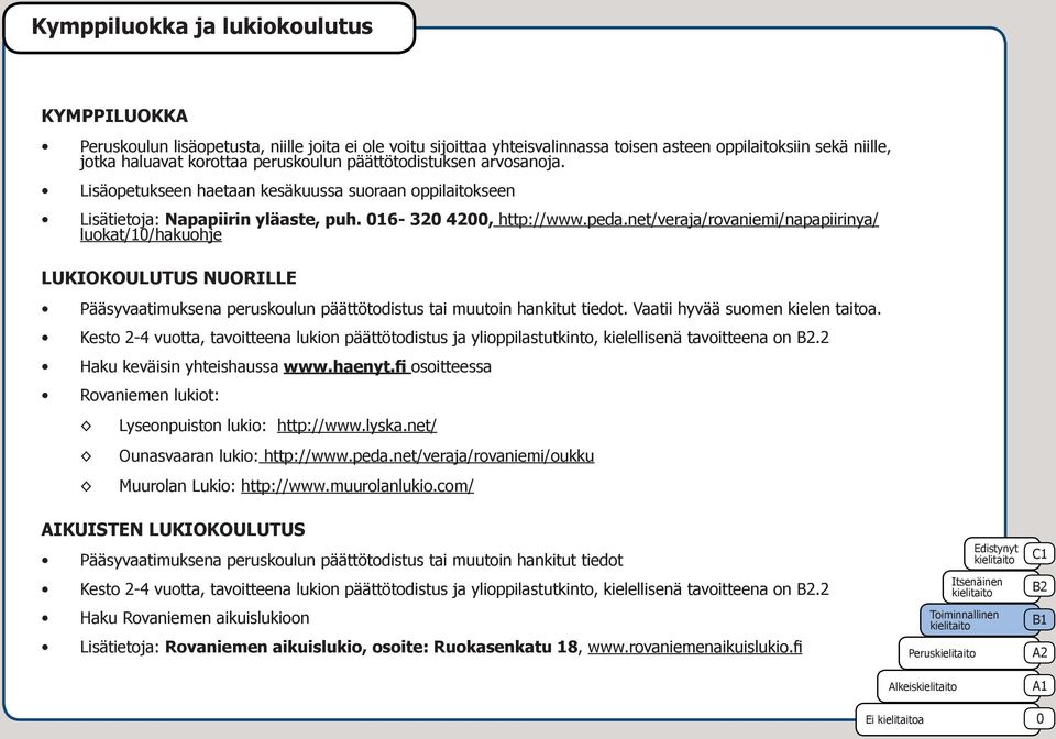 net/veraja/rovaniemi/napapiirinya/ luokat/1/hakuohje LUKIOKOULUTUS NUORILLE Pääsyvaatimuksena peruskoulun päättötodistus tai muutoin hankitut tiedot. Vaatii hyvää suomen kielen taitoa.