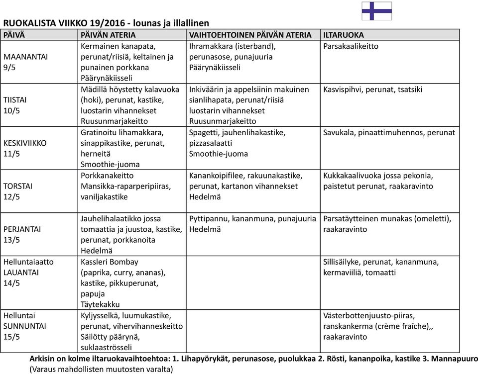 Smoothie-juoma Porkkanakeitto Mansikka-raparperipiiras, vaniljakastike Jauhelihalaatikko jossa tomaattia ja juustoa, kastike, Kassleri Bombay (paprika, curry, ananas), kastike, pikkuperunat, papuja