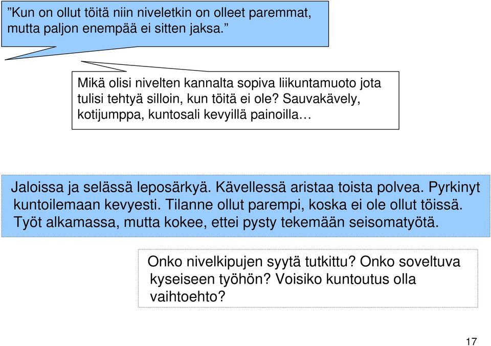 Sauvakävely, kotijumppa, kuntosali kevyillä painoilla Jaloissa ja selässä leposärkyä. Kävellessä aristaa toista polvea.