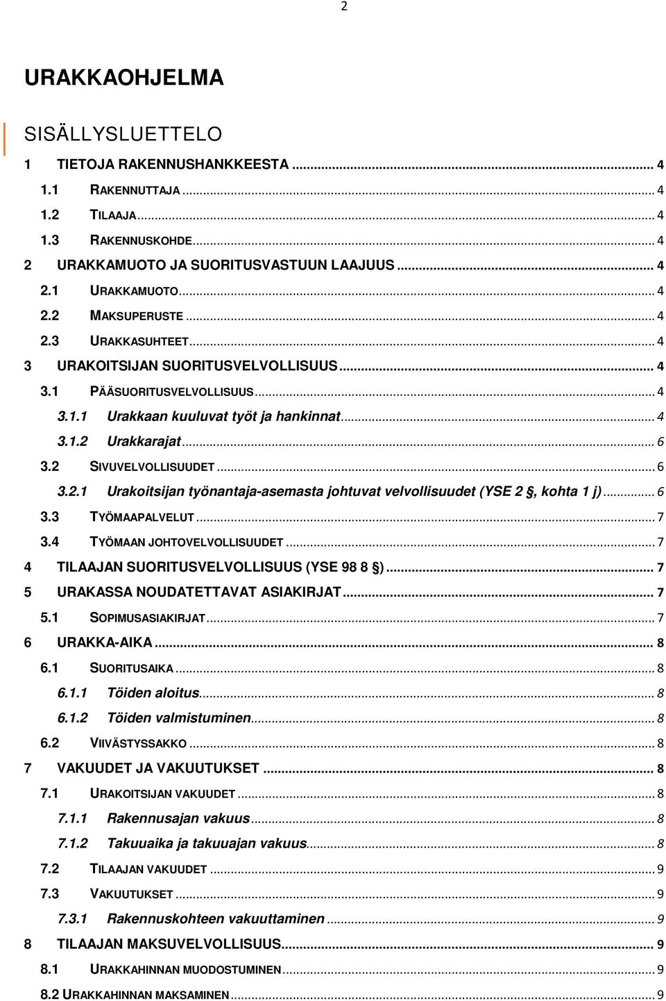 .. 6 3.3 TYÖMAAPALVELUT... 7 3.4 TYÖMAAN JOHTOVELVOLLISUUDET... 7 4 TILAAJAN SUORITUSVELVOLLISUUS (YSE 98 8 )... 7 5 URAKASSA NOUDATETTAVAT ASIAKIRJAT... 7 5.1 SOPIMUSASIAKIRJAT... 7 6 URAKKA-AIKA.