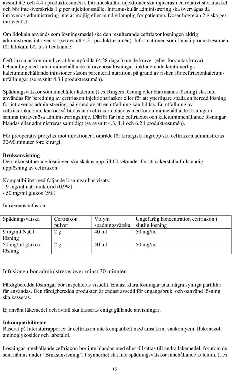 Om lidokain används som lösningsmedel ska den resulterande ceftriaxonlösningen aldrig administreras intravenöst (se avsnitt 4.3 i produktresumén).