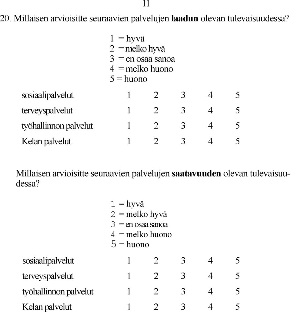 työhallinnon palvelut 1 2 3 4 5 Kelan palvelut 1 2 3 4 5 Millaisen arvioisitte seuraavien palvelujen saatavuuden olevan