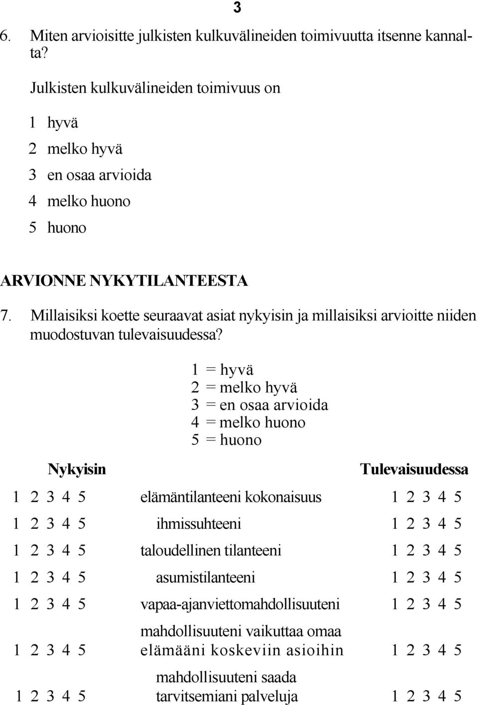 Millaisiksi koette seuraavat asiat nykyisin ja millaisiksi arvioitte niiden muodostuvan tulevaisuudessa?