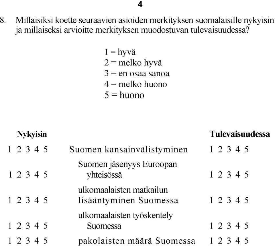 1 = hyvä 2 = melko hyvä 3 = en osaa sanoa 4 = melko huono 5 = huono Nykyisin Tulevaisuudessa 12345 Suomen