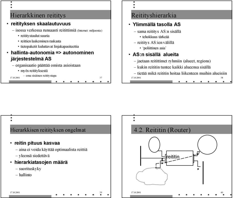 2001 37 Reitityshierarkia Ylimmällä tasolla AS sama reititys AS:n sisällä tehokkuus tärkeää reititys AS:ien välillä poliittinen asia AS:n sisällä alueita jaetaan reitittimet ryhmiin (alueet, regions)