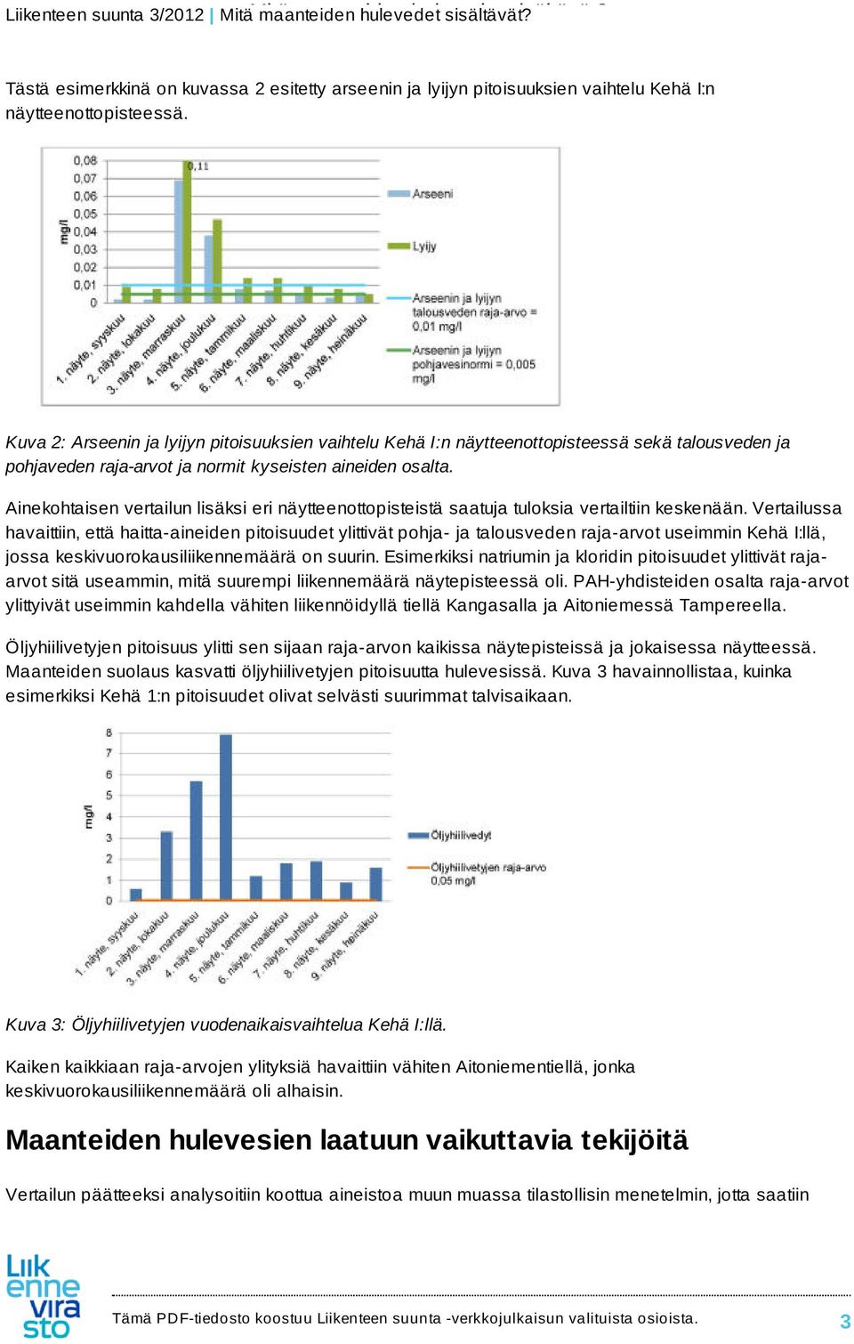 Ainekohtaisen vertailun lisäksi eri näytteenottopisteistä saatuja tuloksia vertailtiin keskenään.