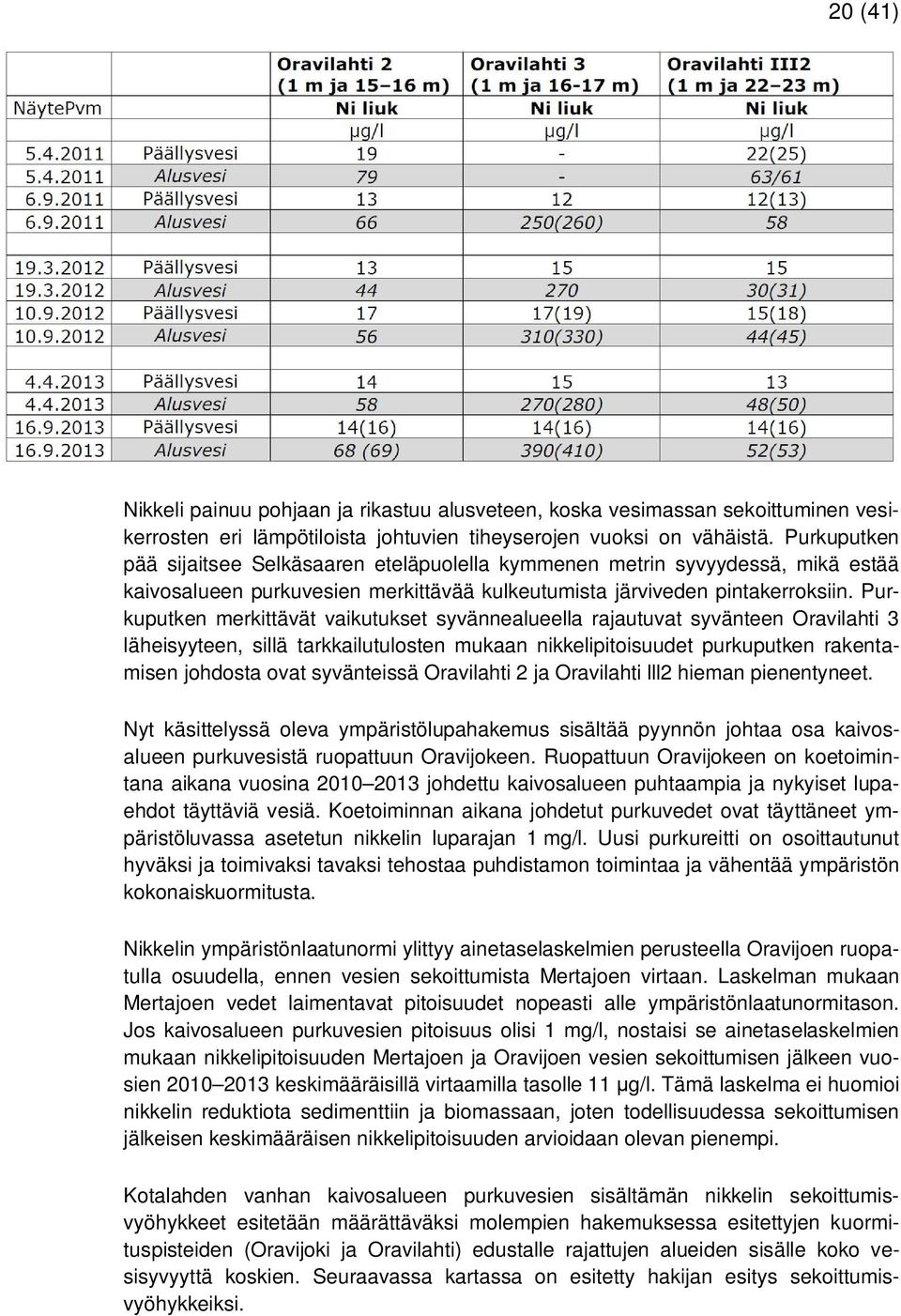 Purkuputken merkittävät vaikutukset syvännealueella rajautuvat syvänteen Oravilahti 3 läheisyyteen, sillä tarkkailutulosten mukaan nikkelipitoisuudet purkuputken rakentamisen johdosta ovat