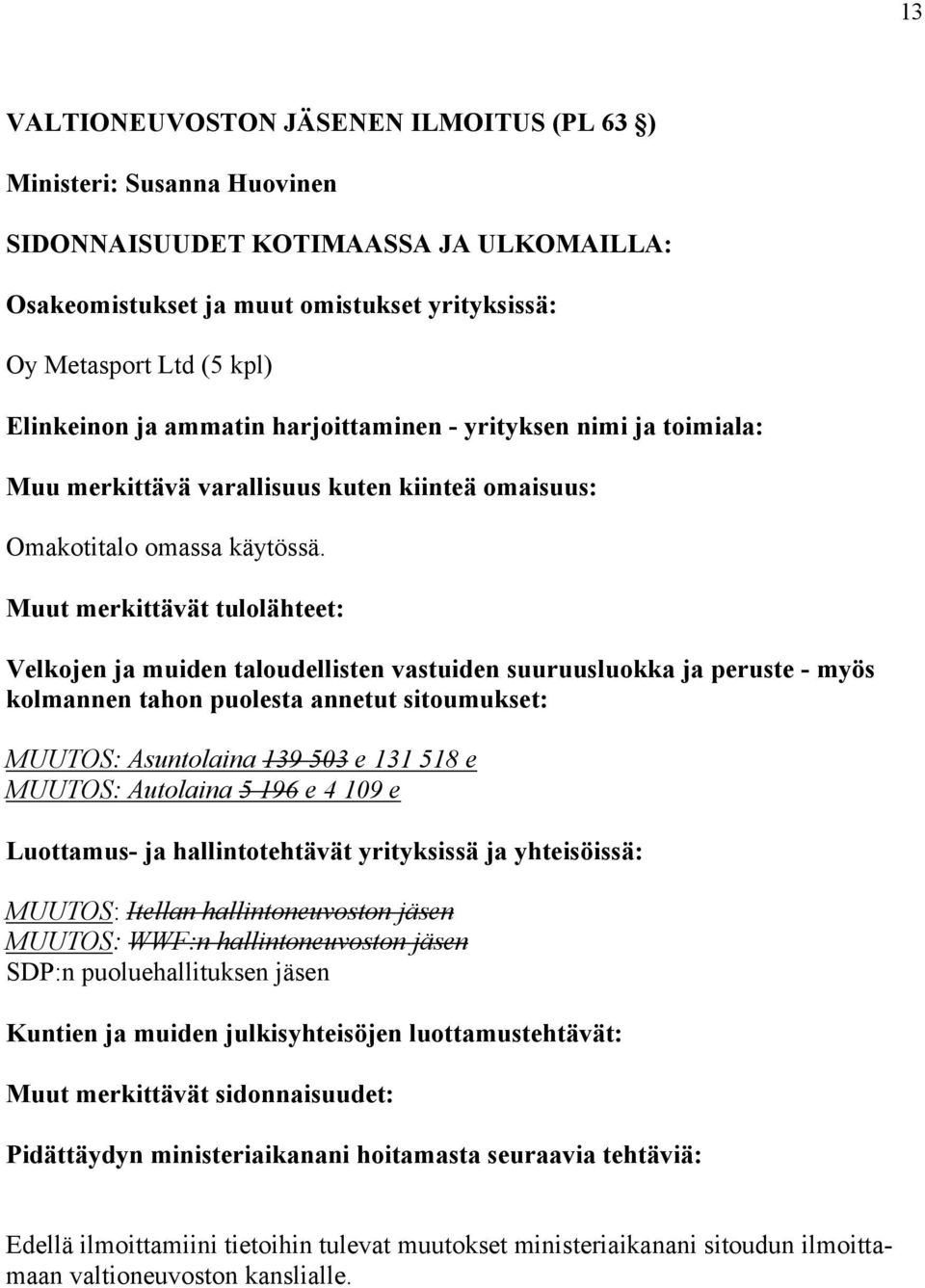 Velkojen ja muiden taloudellisten vastuiden suuruusluokka ja peruste myös MUUTOS: Asuntolaina 139 503 e 131 518 e