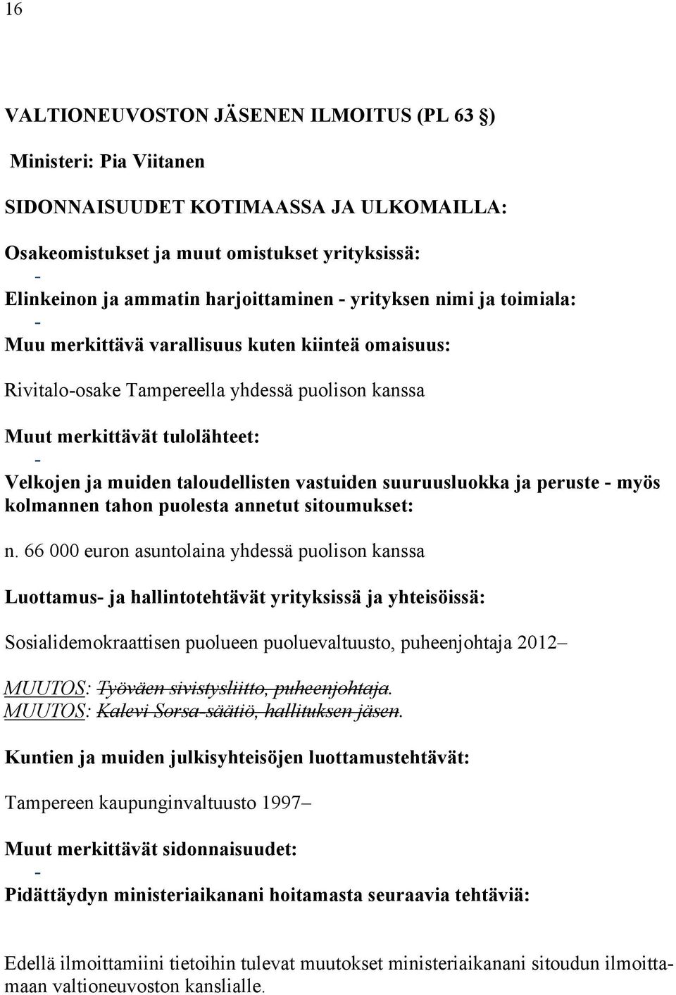 66 000 euron asuntolaina yhdessä puolison kanssa Luottamus ja hallintotehtävät yrityksissä ja yhteisöissä: Sosialidemokraattisen