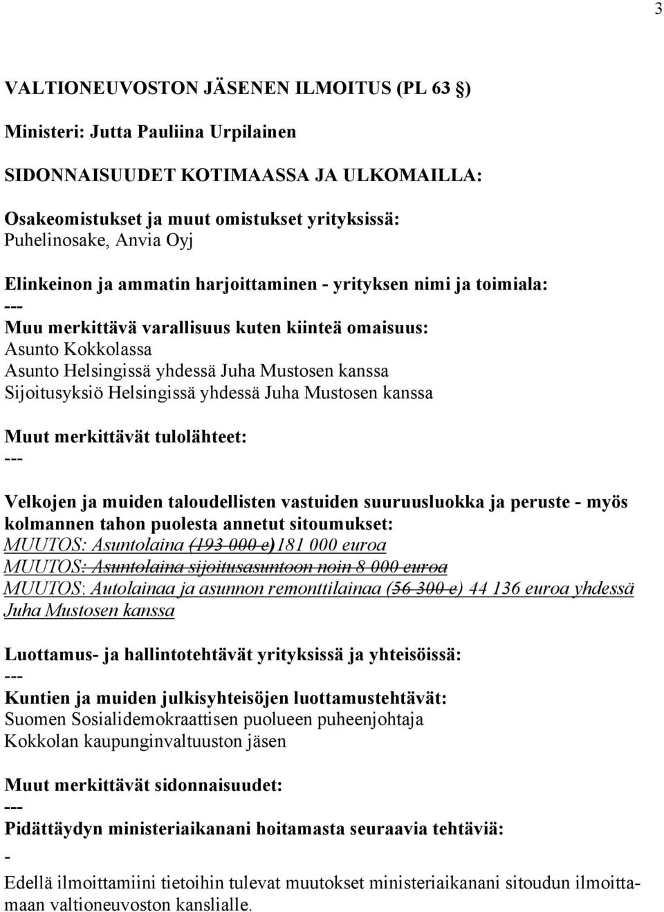 Asuntolaina (193 000 e)181 000 euroa MUUTOS: Asuntolaina sijoitusasuntoon noin 8 000 euroa MUUTOS: Autolainaa ja asunnon remonttilainaa (56 300 e) 44 136 euroa