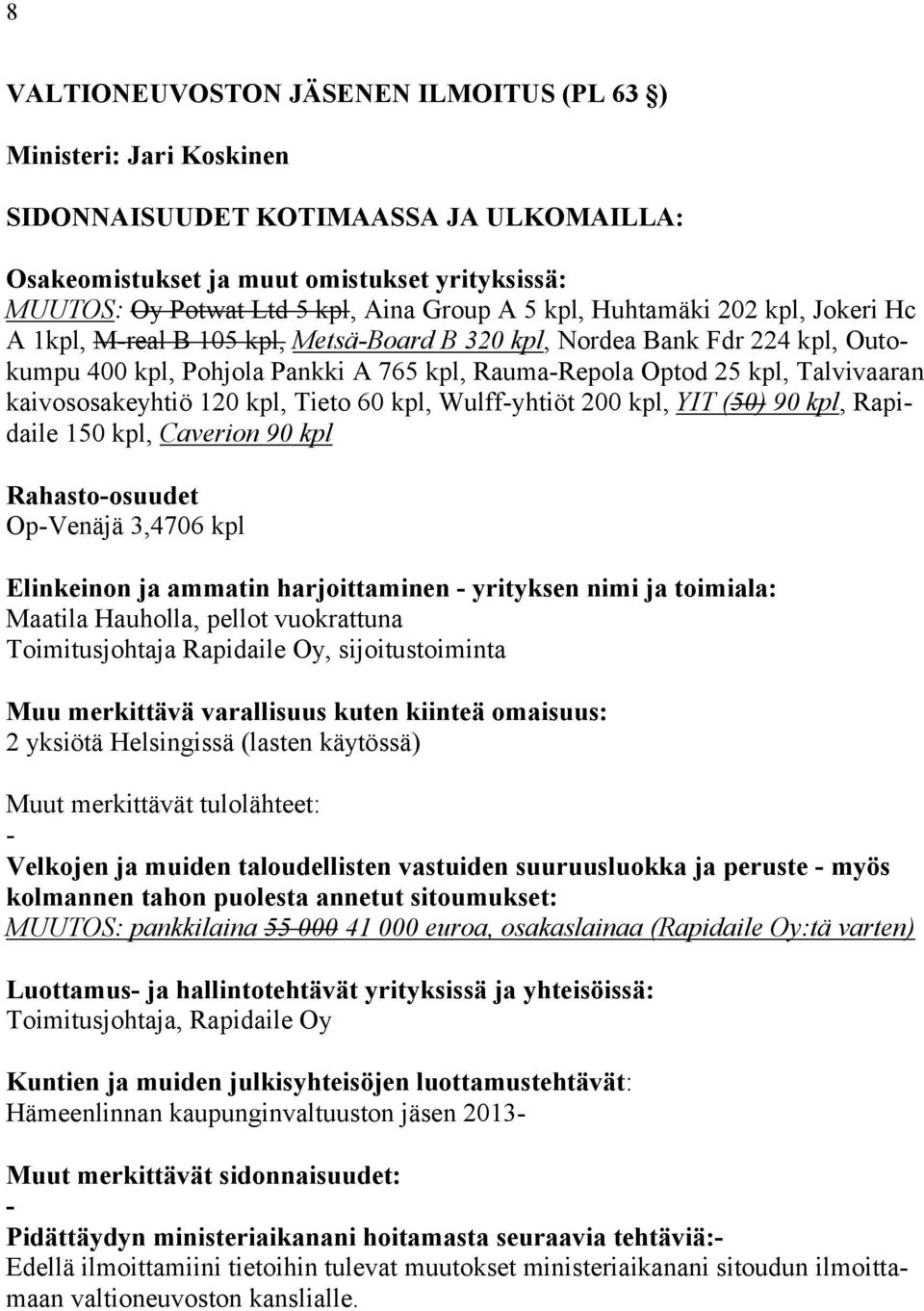 OpVenäjä 3,4706 kpl Elinkeinon ja ammatin harjoittaminen yrityksen nimi ja toimiala: Maatila Hauholla, pellot vuokrattuna Toimitusjohtaja Rapidaile Oy, sijoitustoiminta 2 yksiötä Helsingissä (lasten