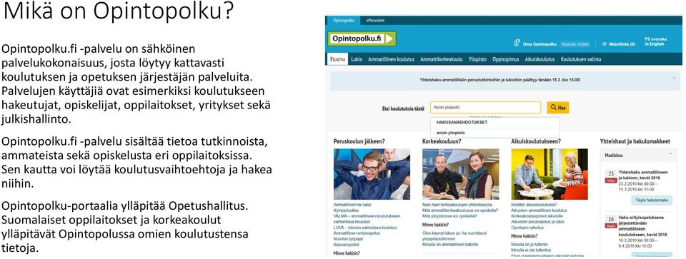 fi palvelu sisältää tietoa tutkinnoista, ammateista sekä opiskelusta eri oppilaitoksissa.