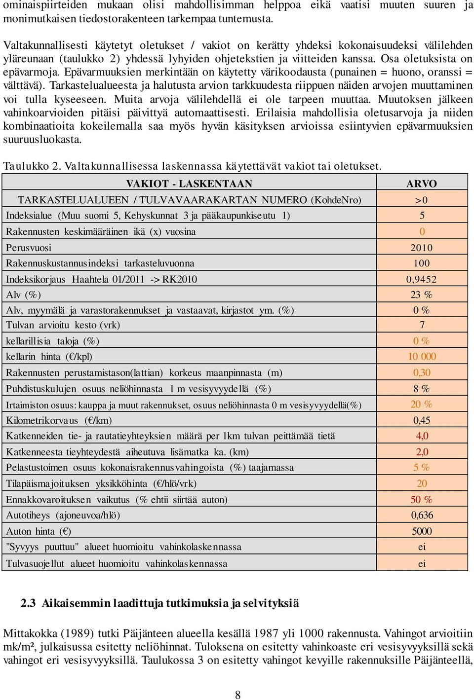 Epävarmuuksien merkintään on käytetty värikoodausta (punainen = huono, oranssi = välttävä). Tarkastelualueesta ja halutusta arvion tarkkuudesta riippuen näiden arvojen muuttaminen voi tulla kyseeseen.