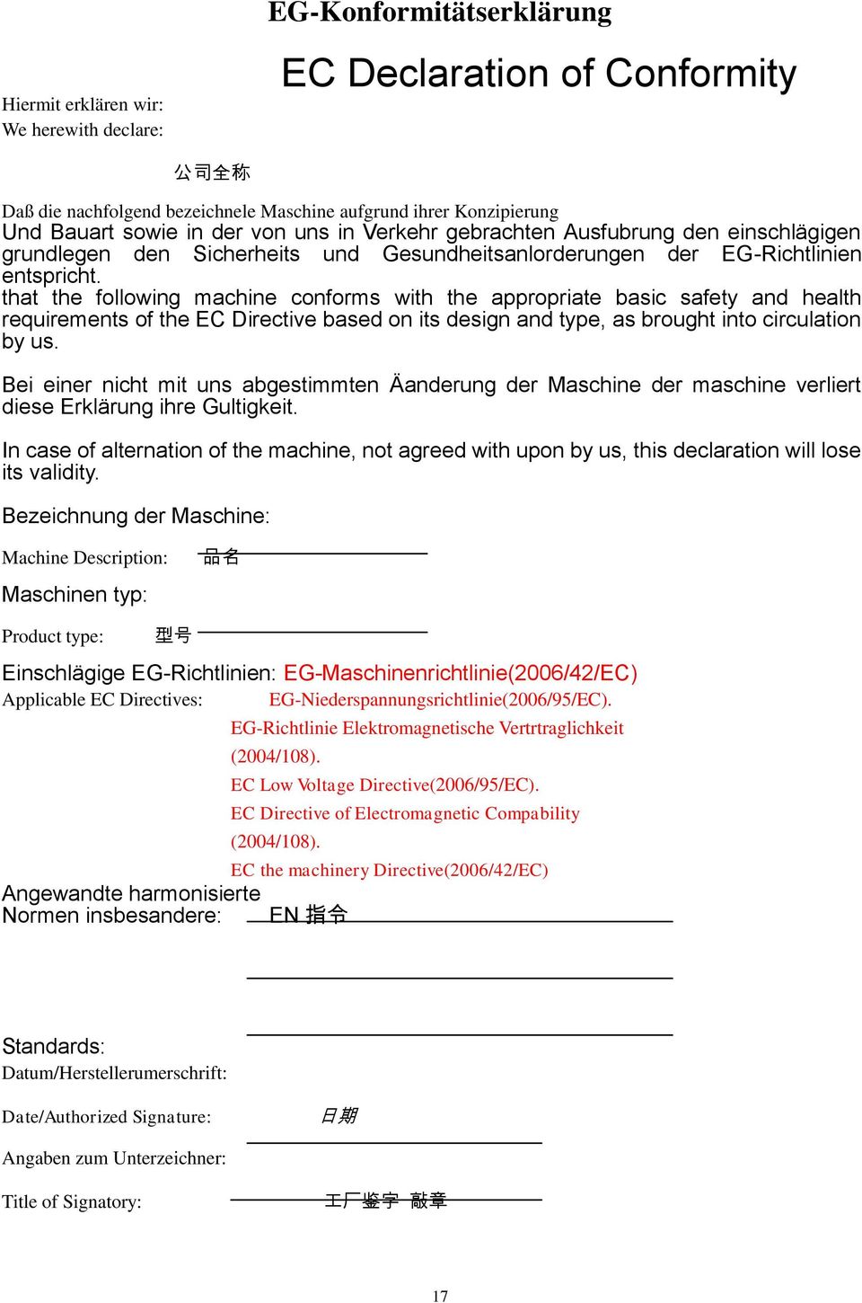 that the following machine conforms with the appropriate basic safety and health requirements of the EC Directive based on its design and type, as brought into circulation by us.