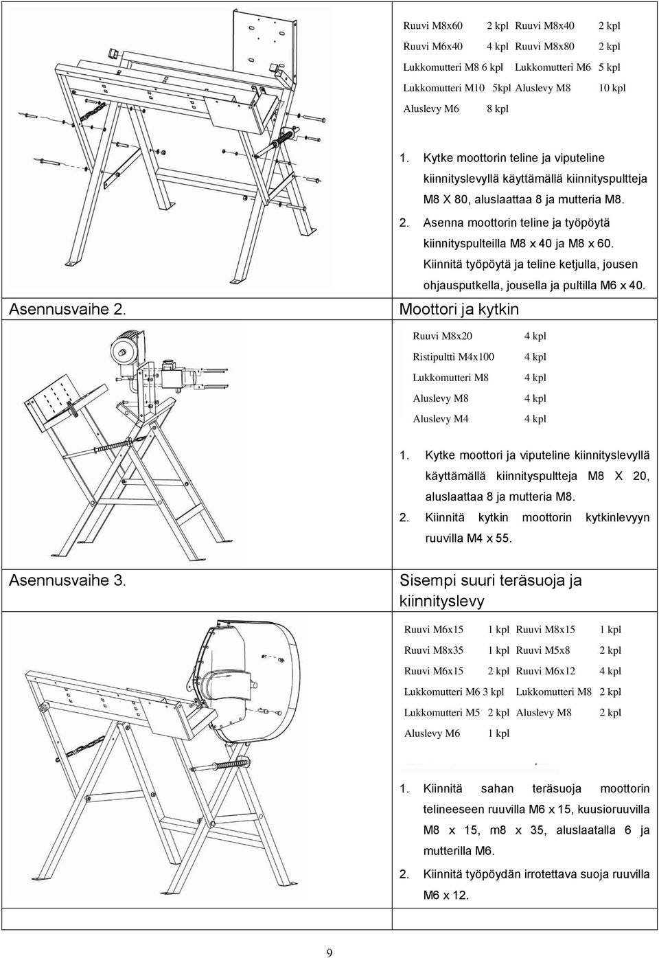 2. Asenna moottorin teline ja työpöytä kiinnityspulteilla M8 x 40 ja M8 x 60. Kiinnitä työpöytä ja teline ketjulla, jousen ohjausputkella, jousella ja pultilla M6 x 40.