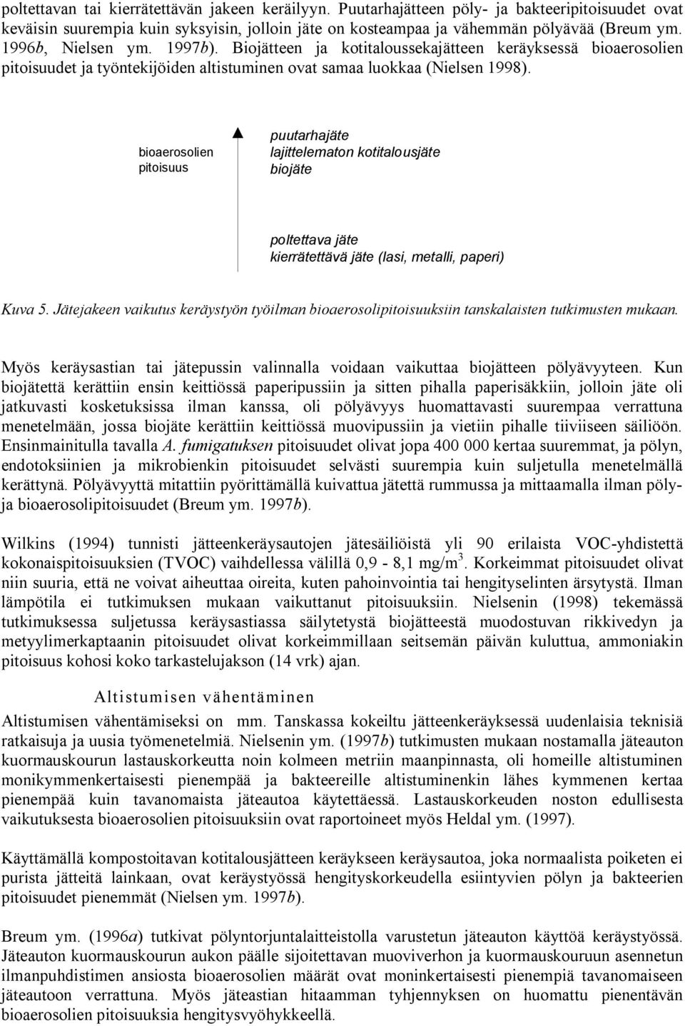 bioaerosolien pitoisuus puutarhajäte lajittelematon kotitalousjäte biojäte poltettava jäte kierrätettävä jäte (lasi, metalli, paperi) Kuva 5.