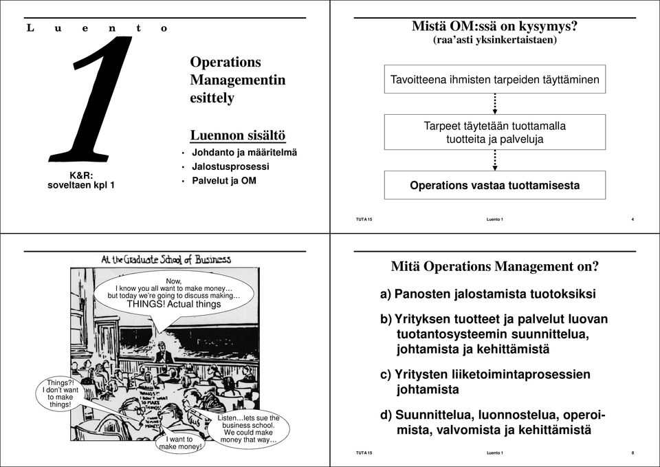 Tarpeet täytetään tuottamalla tuotteita ja palveluja Operations vastaa tuottamisesta TUTA 15 Luento 1 4 Now, I know you all want to make money but today we re going to discuss making THINGS!