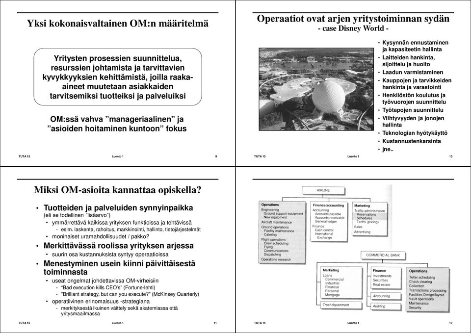 ja kapasiteetin hallinta Laitteiden hankinta, sijoittelu ja huolto Laadun varmistaminen Kauppojen ja tarvikkeiden hankinta ja varastointi Henkilöstön koulutus ja työvuorojen suunnittelu Työtapojen