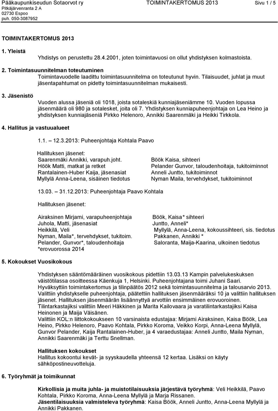 Vuoden lopussa jäsenmäärä oli 980 ja sotalesket, joita oli 7. Yhdistyksen kunniapuheenjohtaja on Lea Heino ja yhdistyksen kunniajäseniä Pirkko Helenoro, Annikki Saarenmäki ja Heikki Tirkkola. 4.